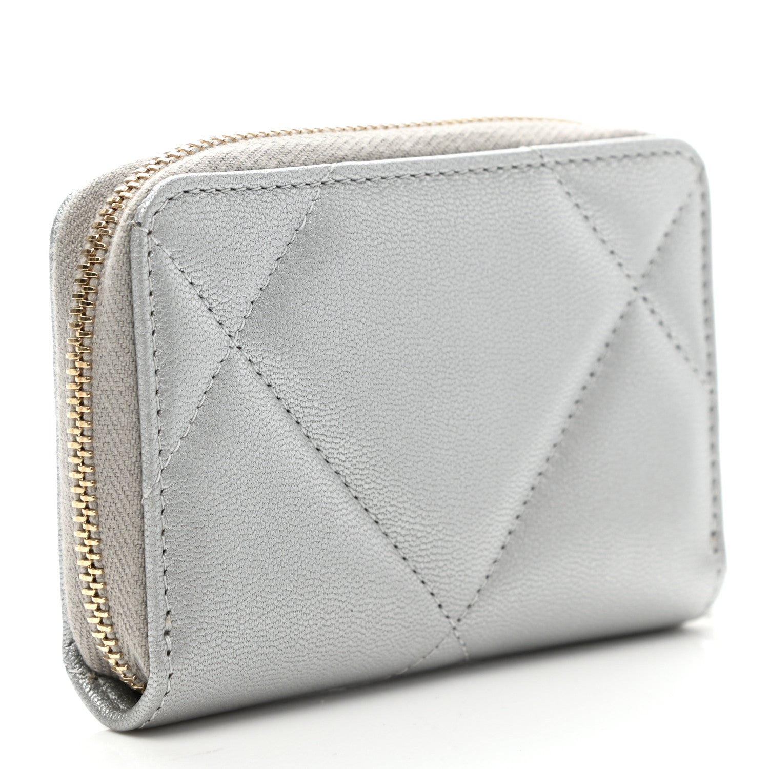 Chanel Metallic Goatskin Quilted Chanel 19 Zip Around Coin Purse Wallet Silver 3 of 8