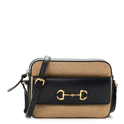 Gucci Vintage Rice Canvas Azalea Calfskin Small Horsebit 1955 Shoulder Bag Beige Blue 1 of 9