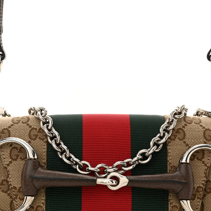 Gucci Monogram Textured Dollar Calfskin Heavy Grosgrain Web Small Maxi Horsebit Chain Shoulder Bag Beige Ebony New Acero 8 of 12