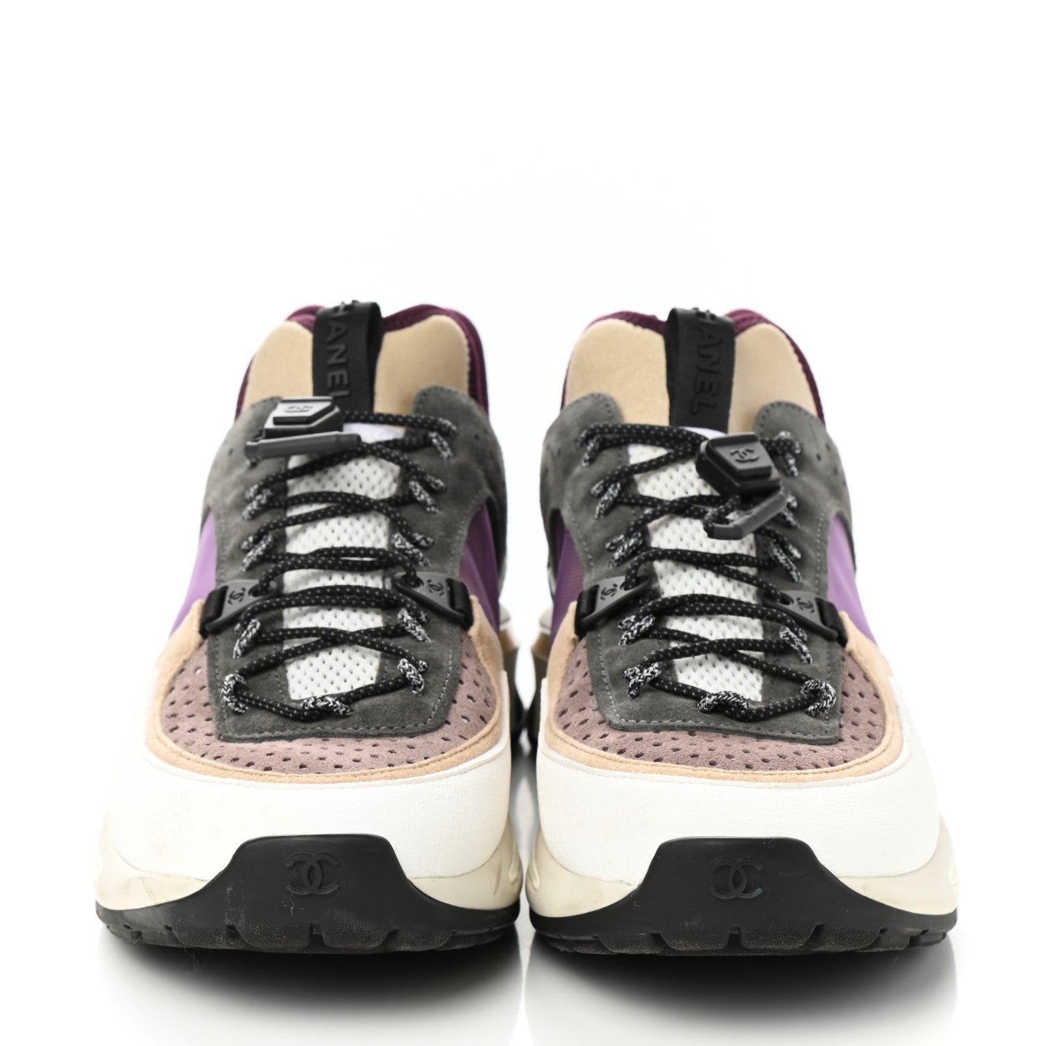 Chanel Fabric Suede Calfskin Mesh Womens CC Sneakers 39 White Grey Purple 4 of 9