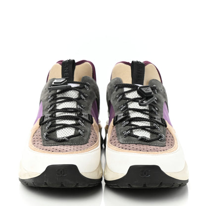 Chanel Fabric Suede Calfskin Mesh Womens CC Sneakers 39 White Grey Purple 4 of 9