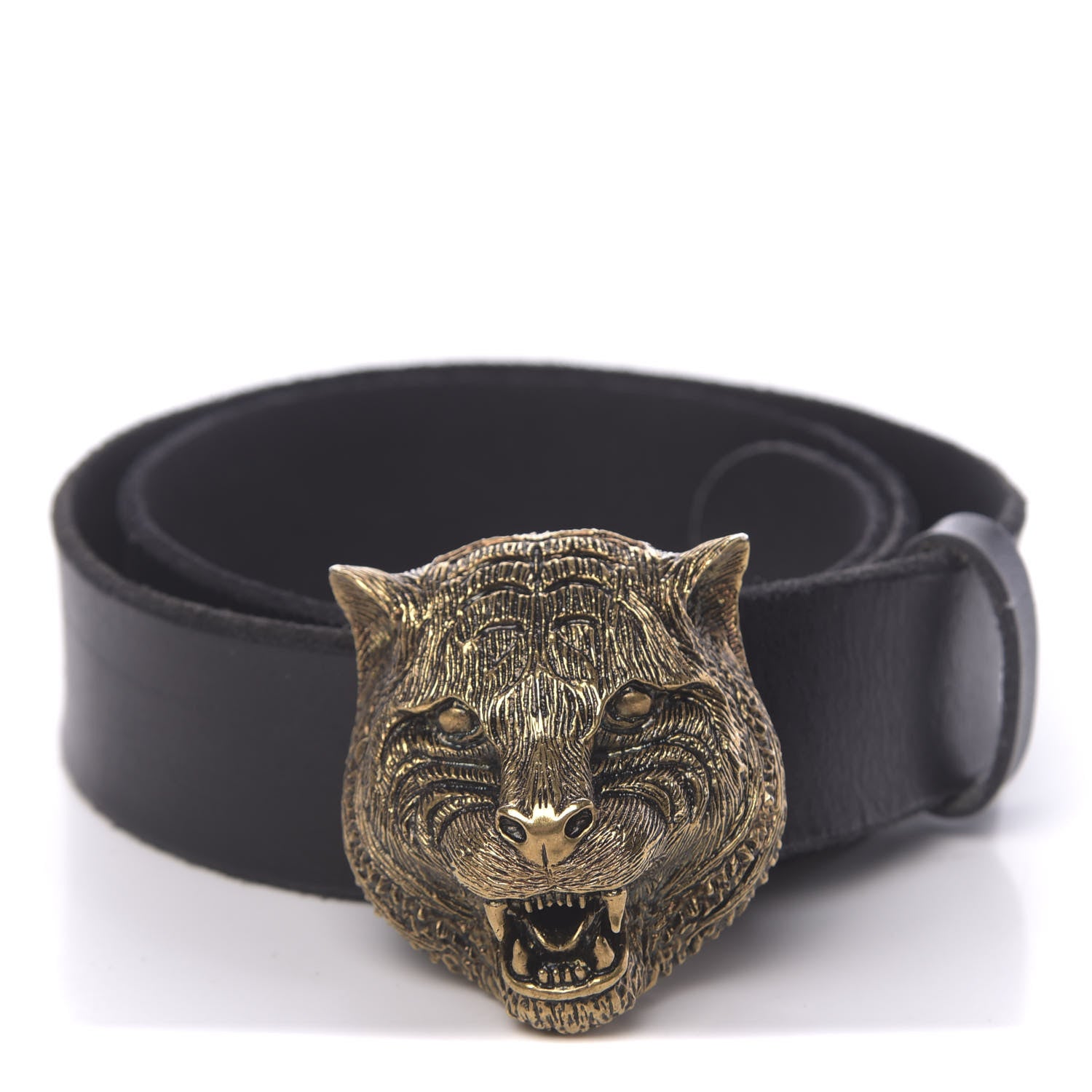 Gucci Calfskin Brass Feline Buckle Belt 80 32 Black 1 of 7
