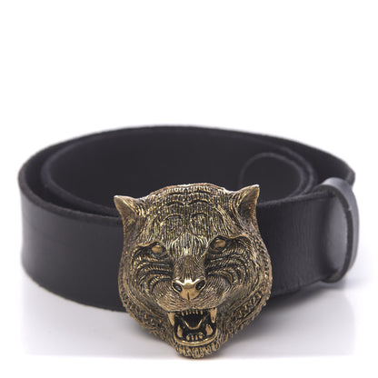 Gucci Calfskin Brass Feline Buckle Belt 80 32 Black 1 of 7