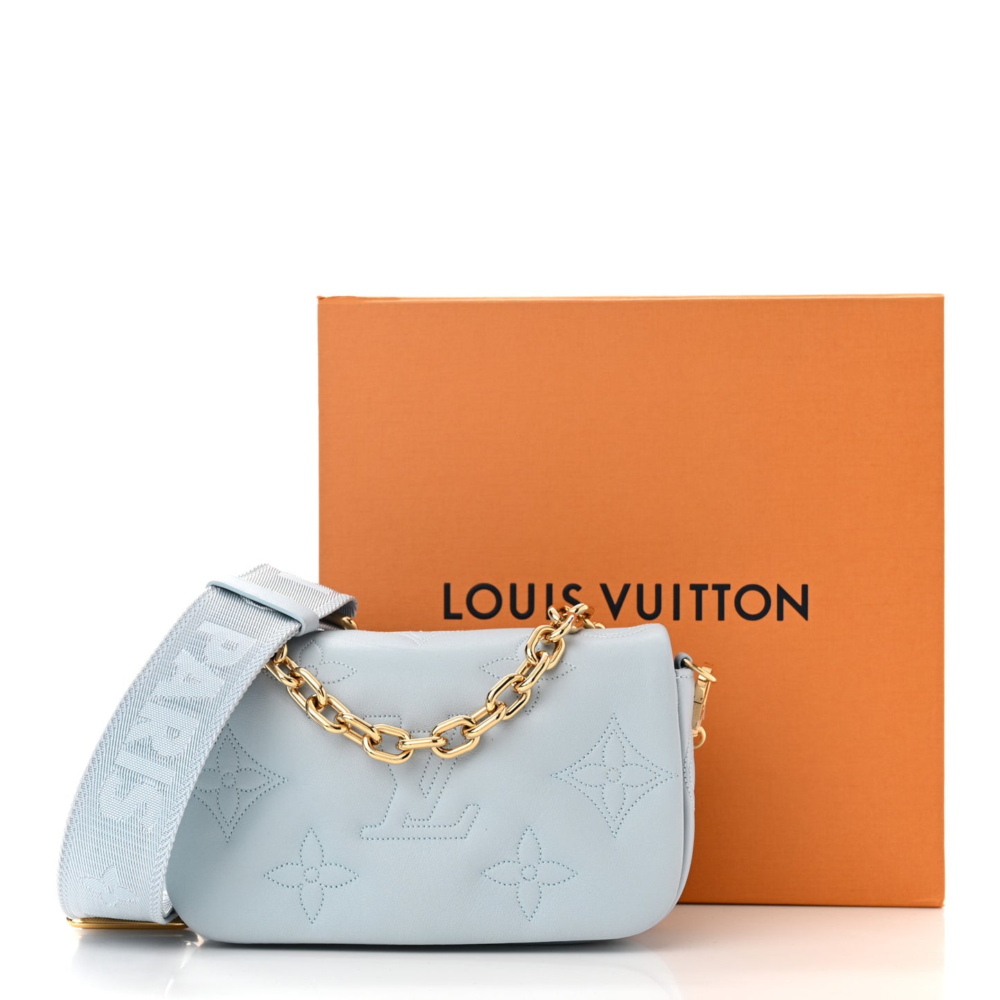 Calfskin Bubblegram Wallet On Strap Ice Blue
