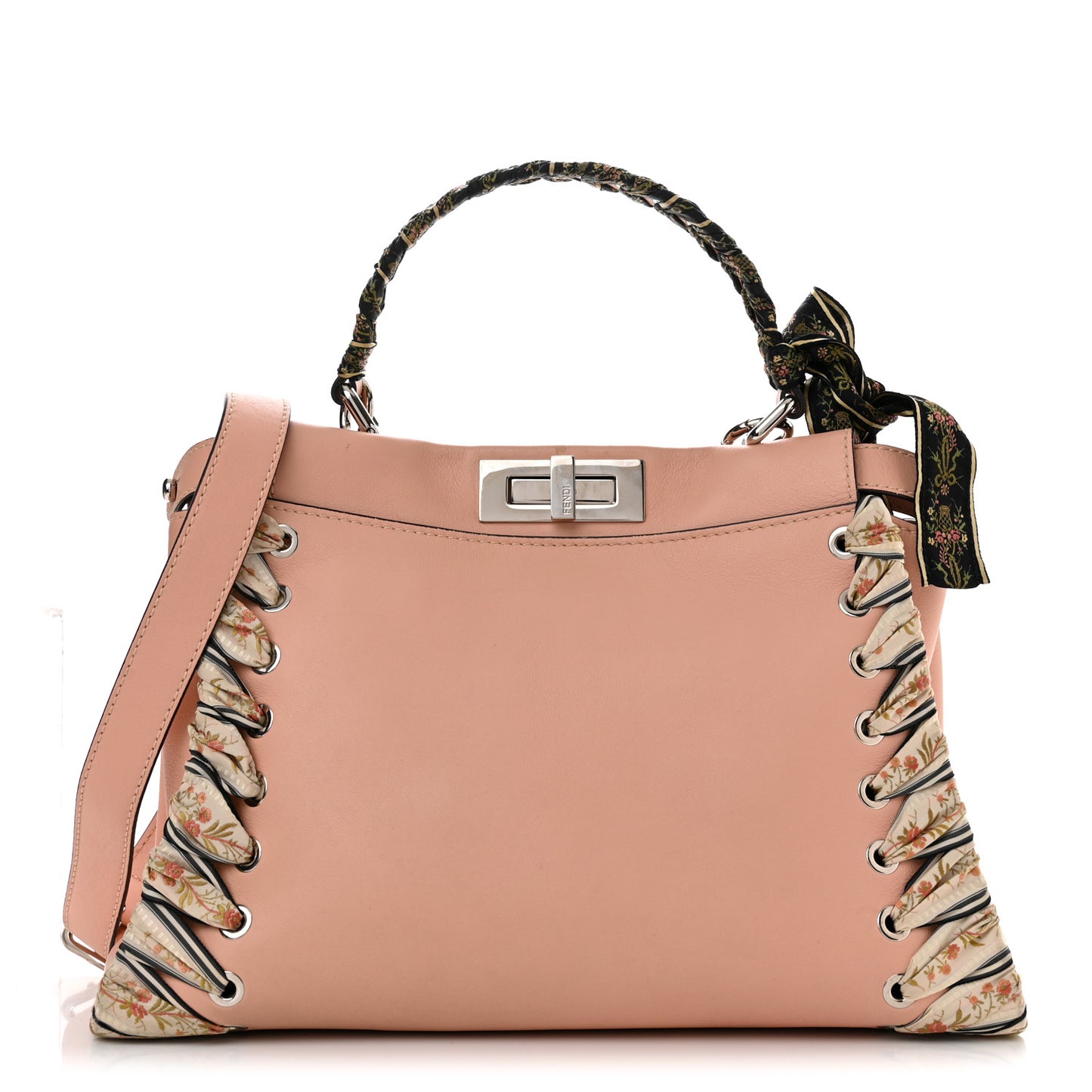 Vitello Seta Shiny Nappa Ribbon Lace Up Floral Medium Peekaboo Iconic Satchel Baby Pink Multicolor