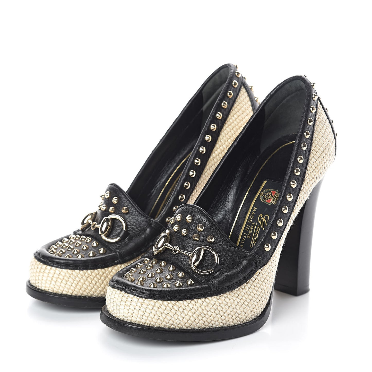 Calfskin Canvas Studded Horsebit Alyssa Pumps 35.5 Black Ivory