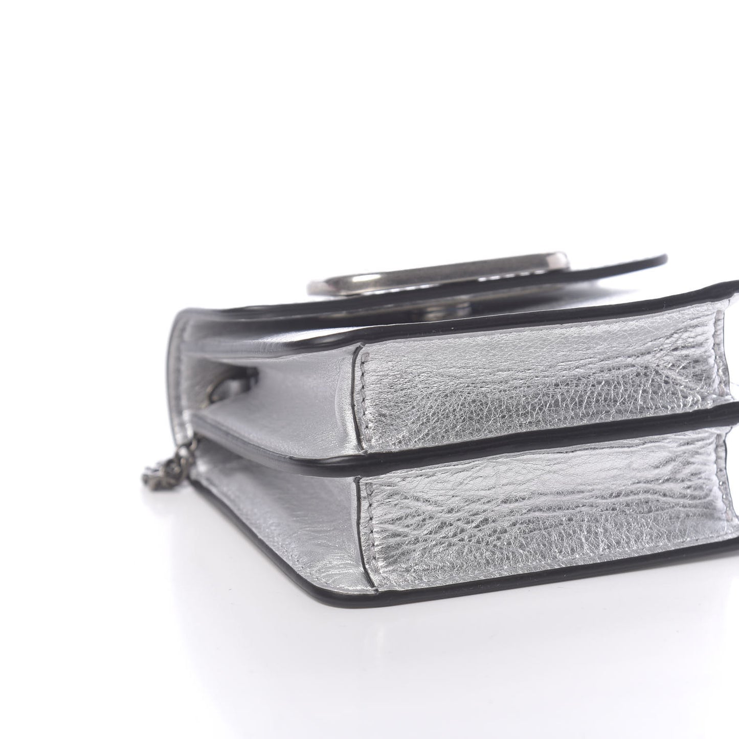 Metallic Calfskin Vlogo Compact Wallet with Chain Silver