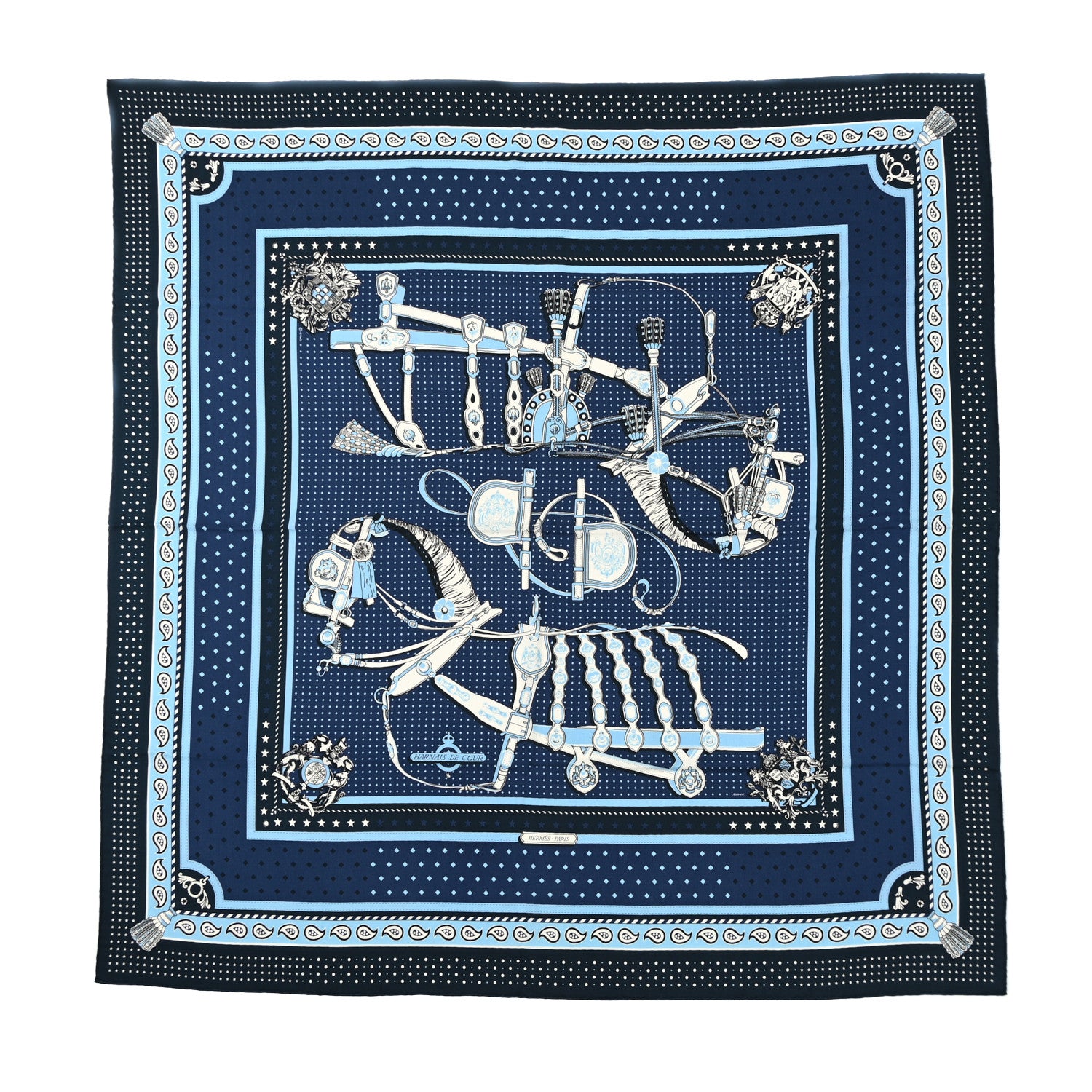 Hermes Silk Harnais De Cour Bandana Shawl 140 Marine Bleu Ciel 1 of 7