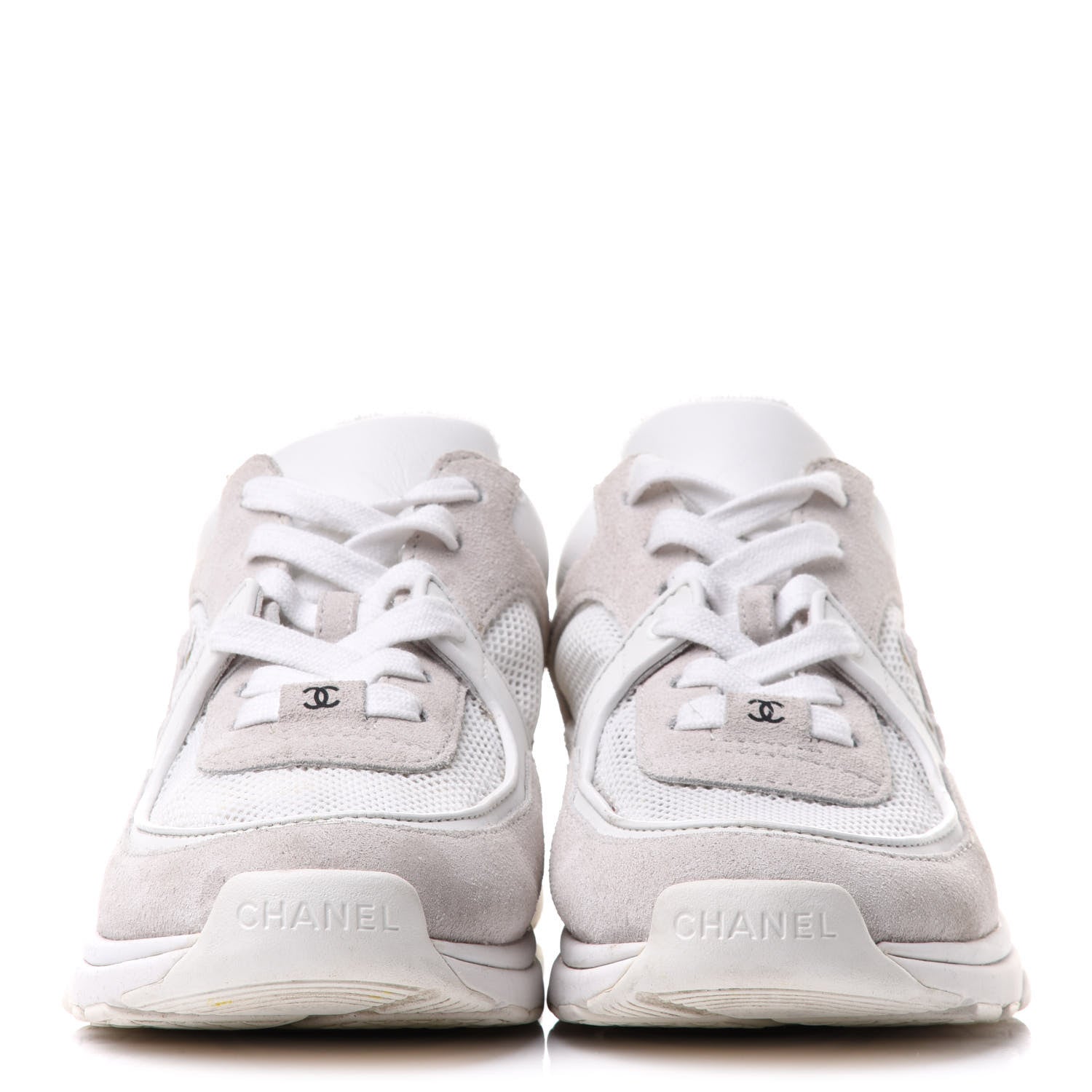 Chanel Suede Calfskin Fabric CC Sneakers 36.5 White Grey 2 of 12