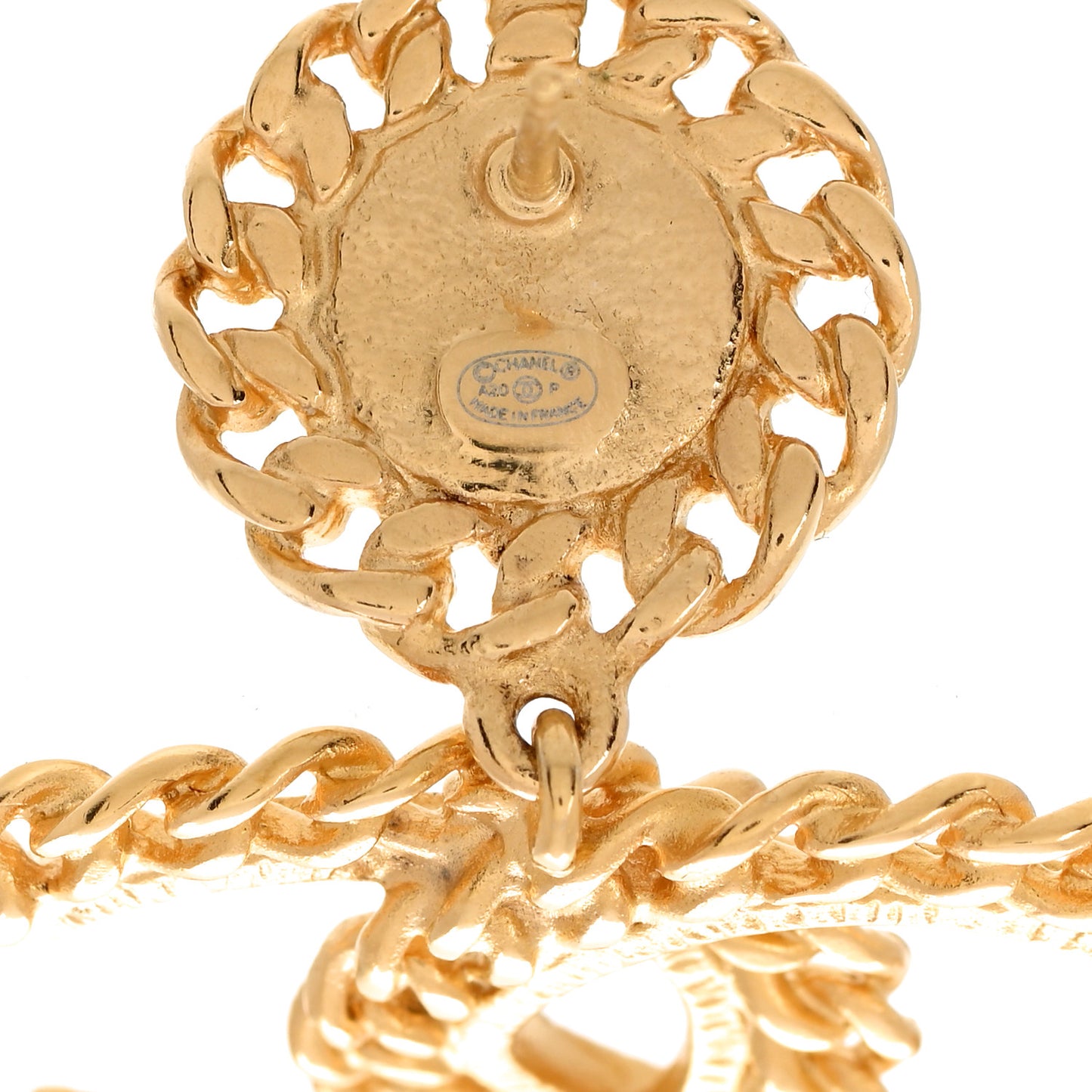 Metal Pearl CC Chain Drop Earrings Gold