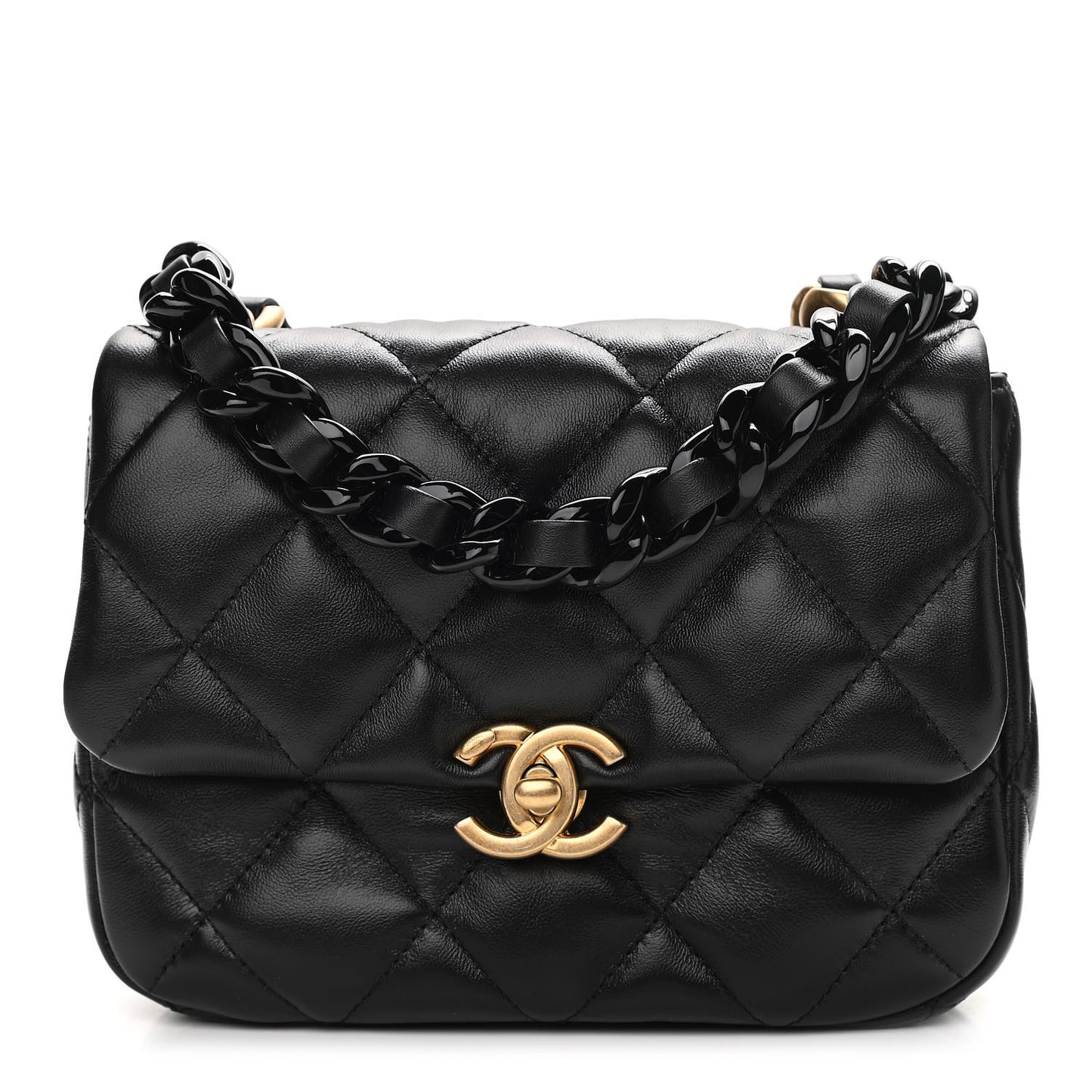 Lambskin Quilted Mini Lacquered Chain Flap Black