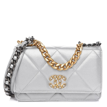 Chanel Metallic Goatskin Quilted 19 Wallet On Chain WOC Silver 1 of 13