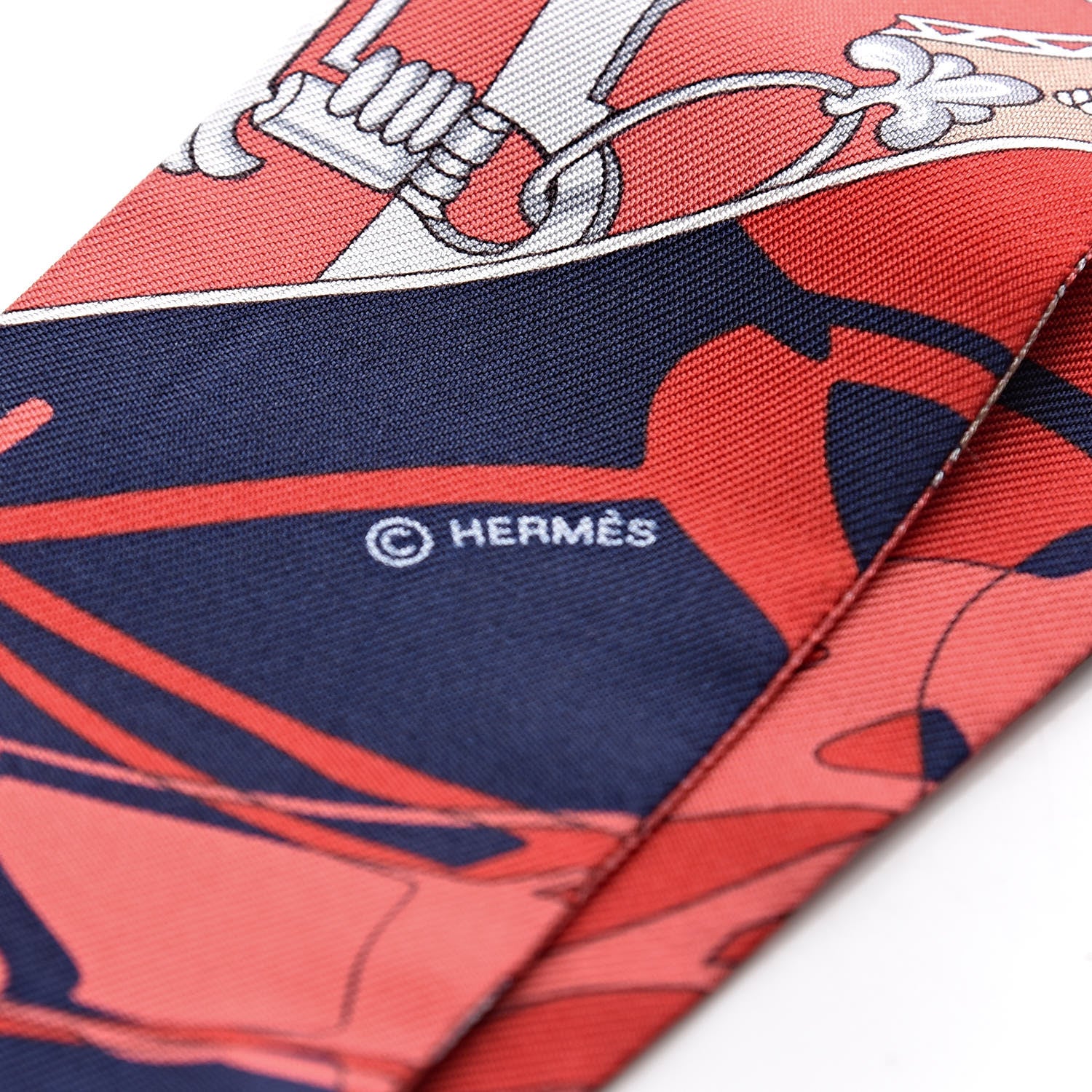 Hermes Silk Caleche Mors Et Bouteilles Twilly Rouge Marine Beige 4 of 5