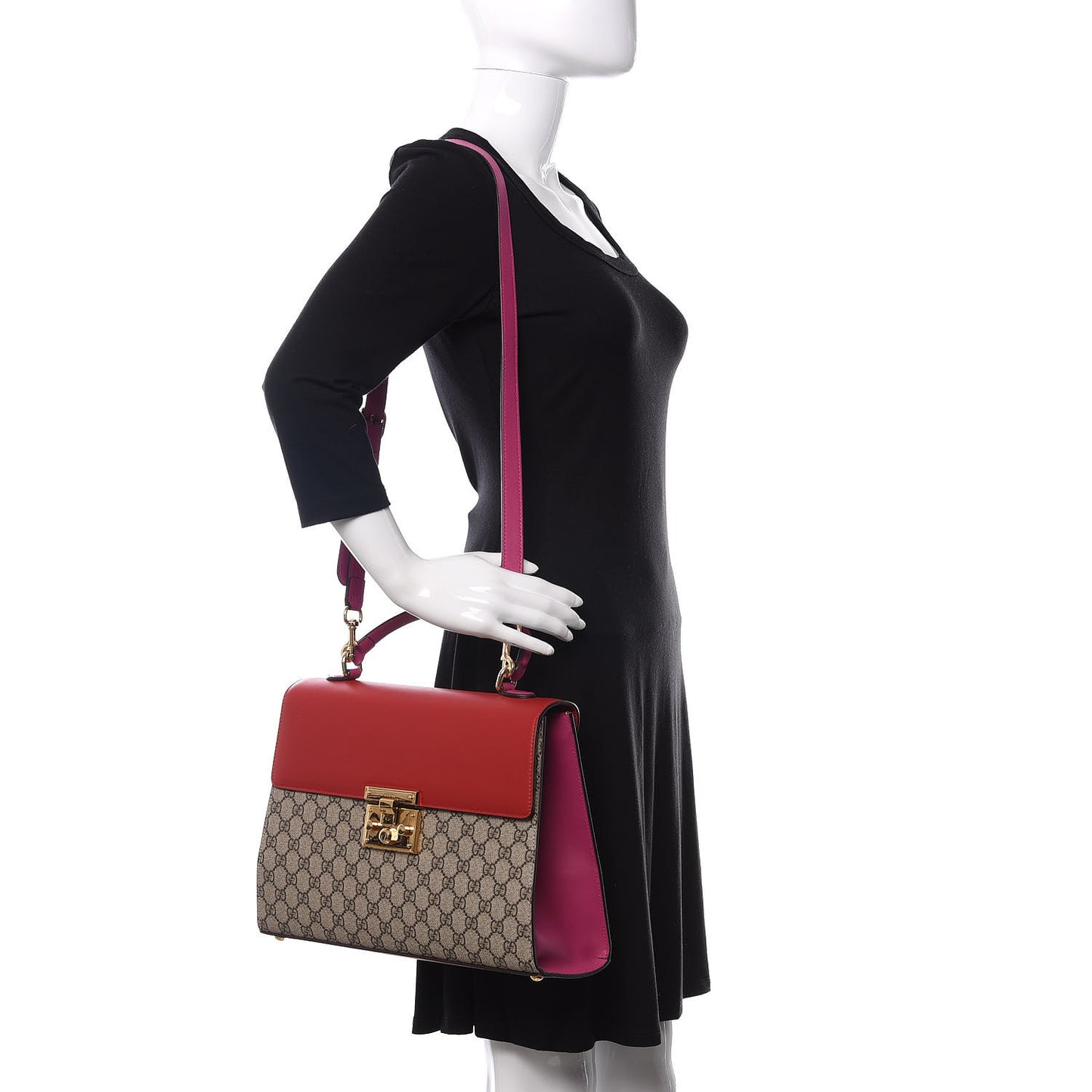 GG Supreme Monogram Calfskin Medium Padlock Top Handle Bag Beige Hibiscus Red New Rosette