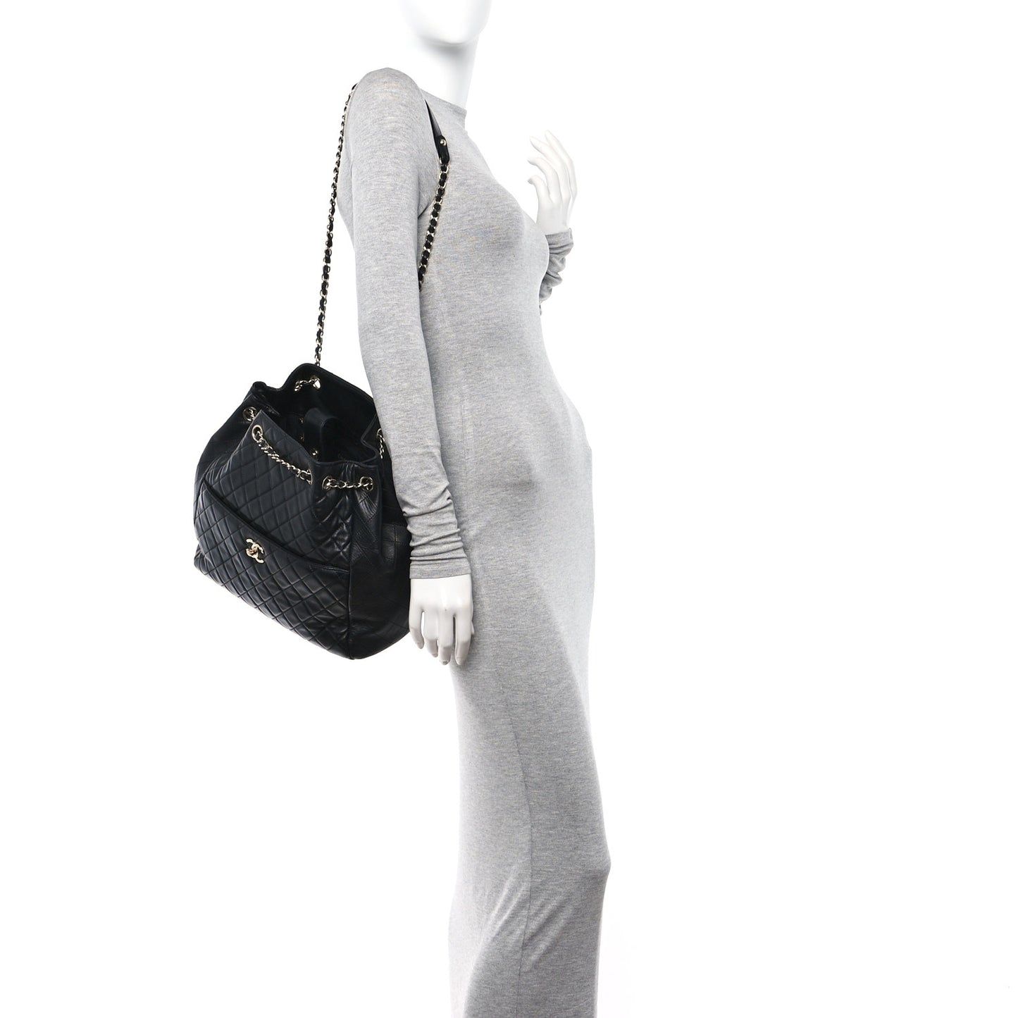 Lambskin Quilted Large Drawstring Bag Black