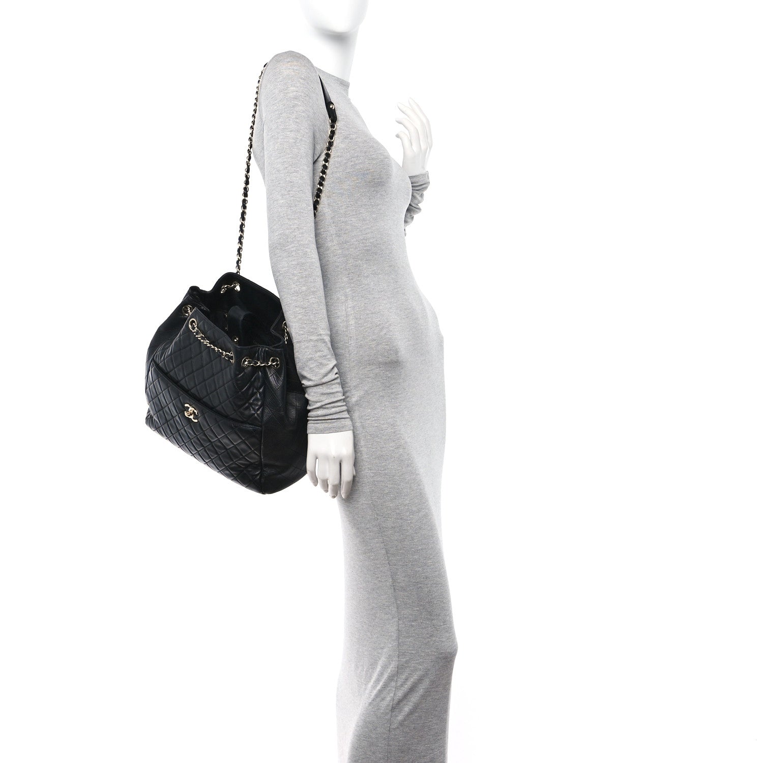 Chanel Lambskin Quilted Large Drawstring Bag Black 2 of 13