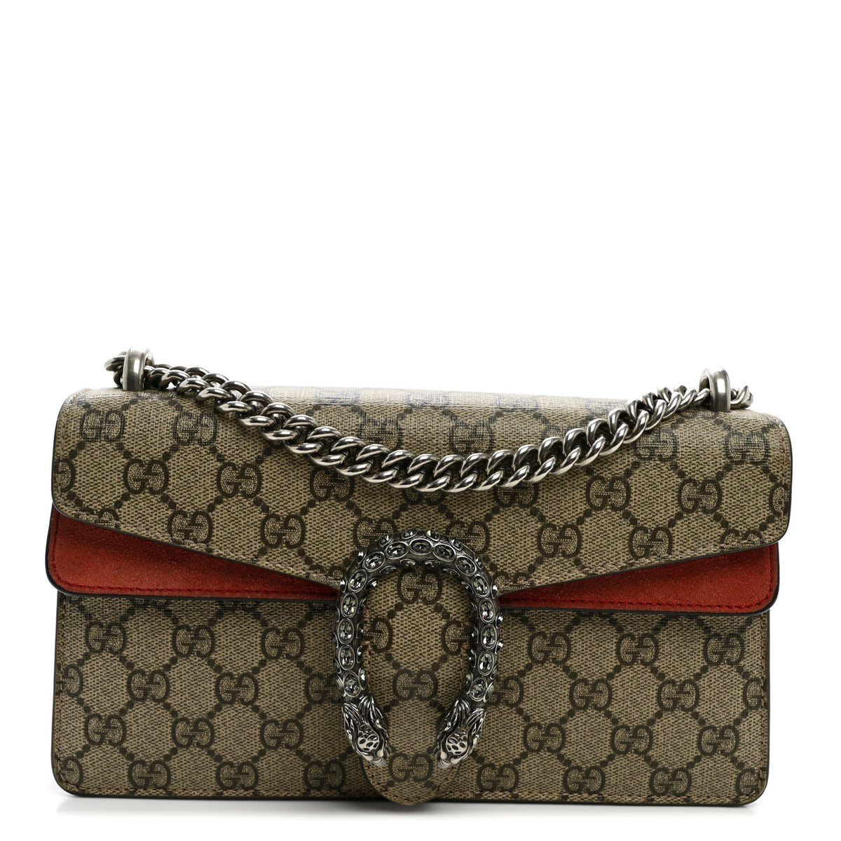 Gucci GG Supreme Monogram Suede Crystal Small Dionysus Shoulder Bag Beige Ebony Vulcanic Red 1 of 11