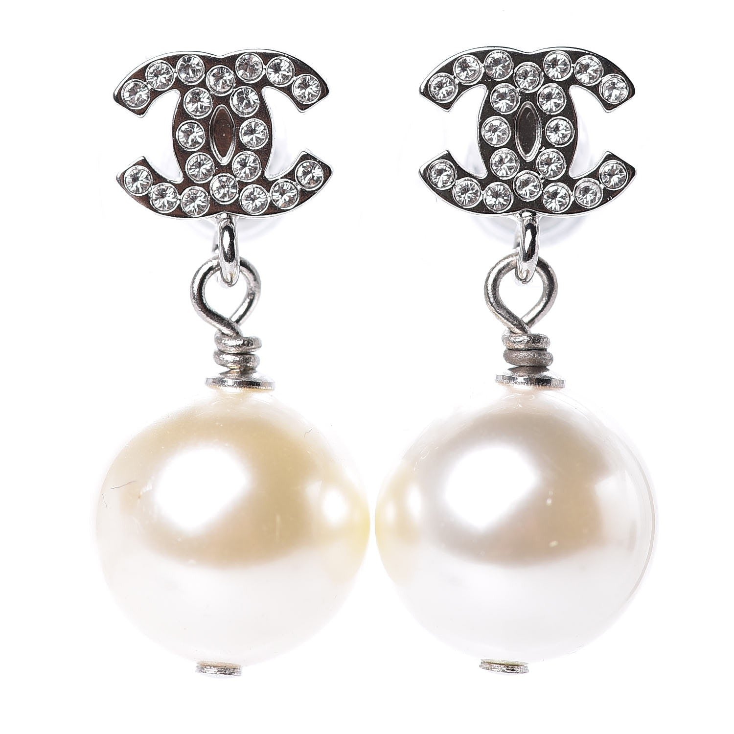 Chanel Crystal Pearl CC Drop Earrings Silver 1 of 4