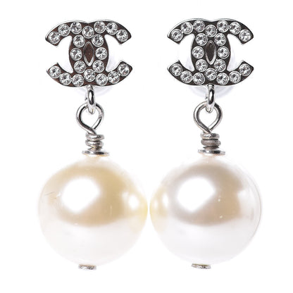 Chanel Crystal Pearl CC Drop Earrings Silver 1 of 4