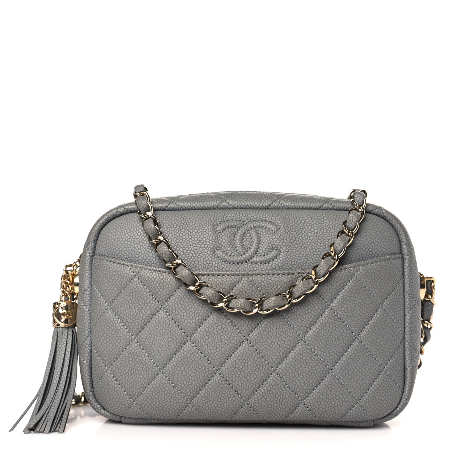 Caviar Quilted Coco Tassel Small Camera Case Grey