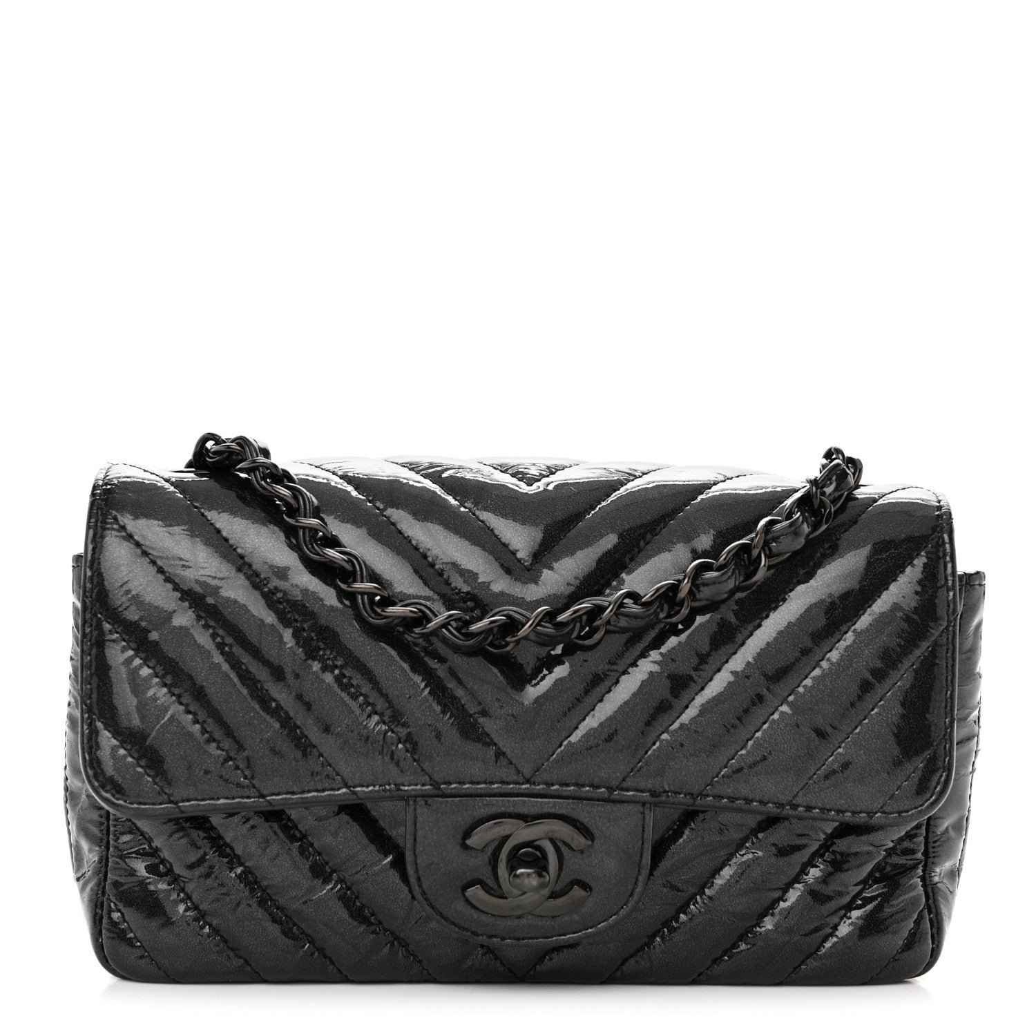 Chanel Patent Crumpled Calfskin Chevron Quilted Mini Rectangular Flap So Black 1 of 10