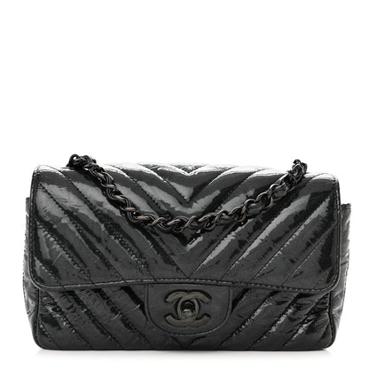 Chanel Patent Crumpled Calfskin Chevron Quilted Mini Rectangular Flap So Black 1 of 10