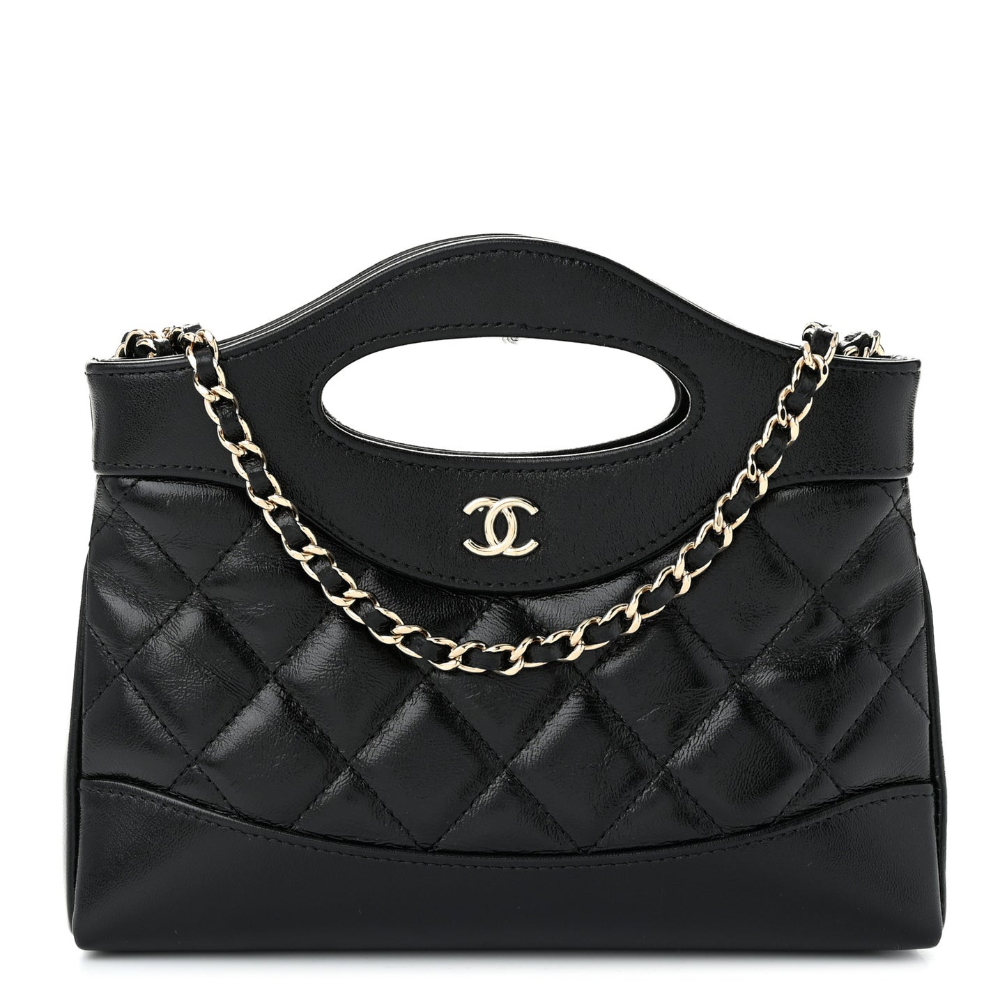 Shiny Crumpled Calfskin Quilted Nano 31 Shopping Bag Black