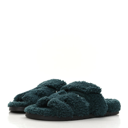 Hermes Woolskin Womens Chypre Sandals 37.5 Vert Anglais 3 of 7