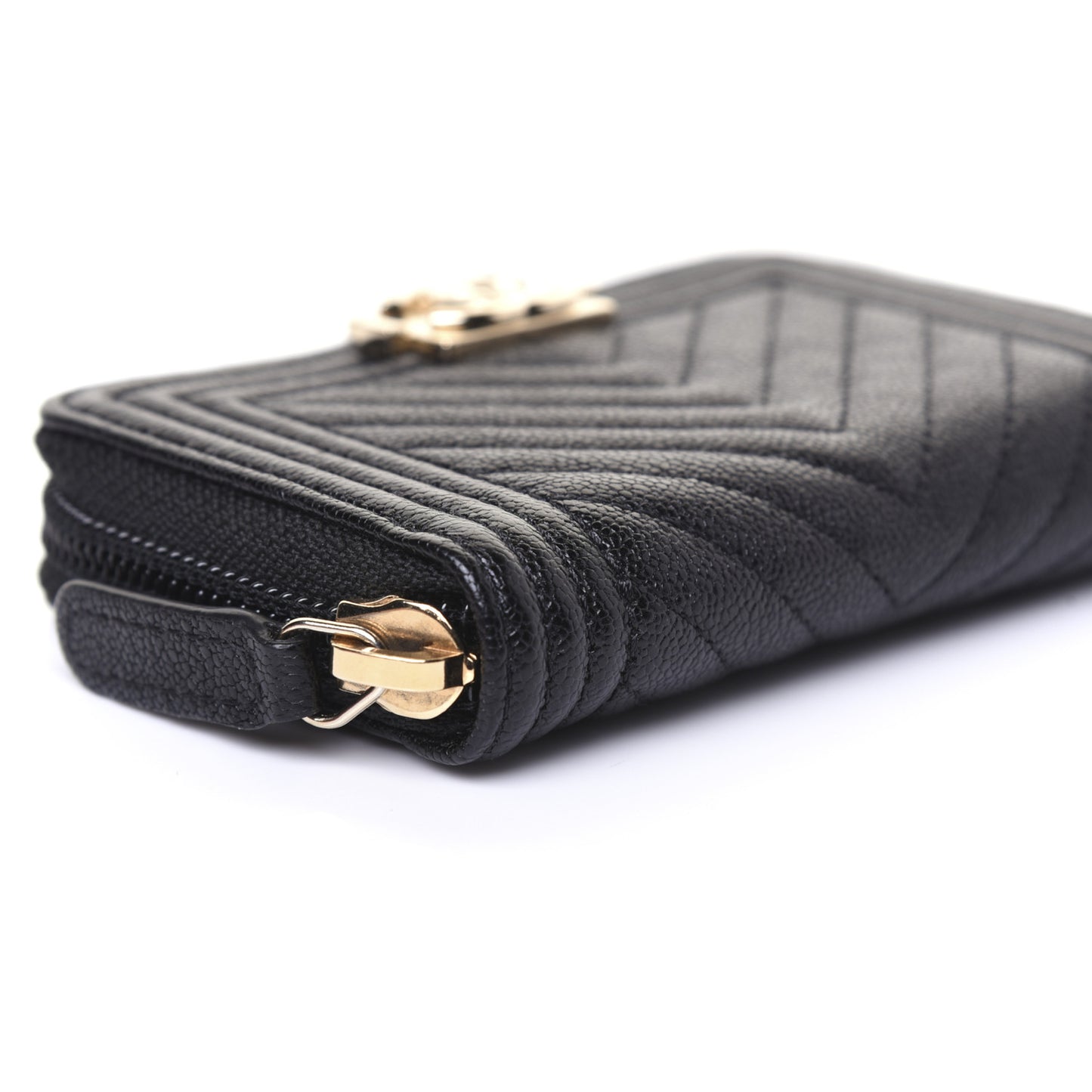 Caviar Chevron Quilted Boy Zip Around Coin Purse Wallet Black