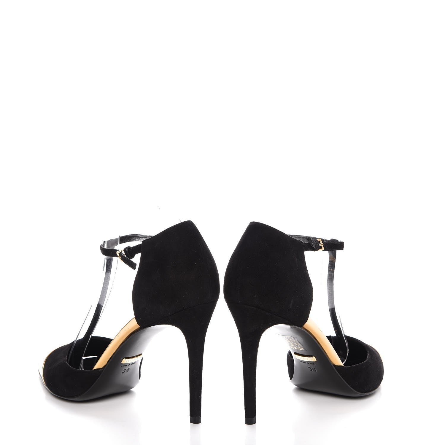 Gucci Suede Metallic Cap Toe T-Strap Coline Pumps 38 Black Gold 5 of 11