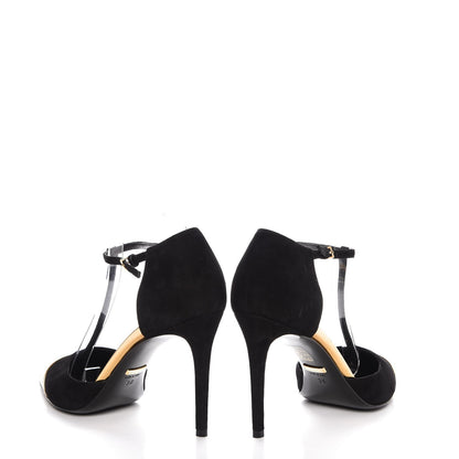 Gucci Suede Metallic Cap Toe T-Strap Coline Pumps 38 Black Gold 5 of 11