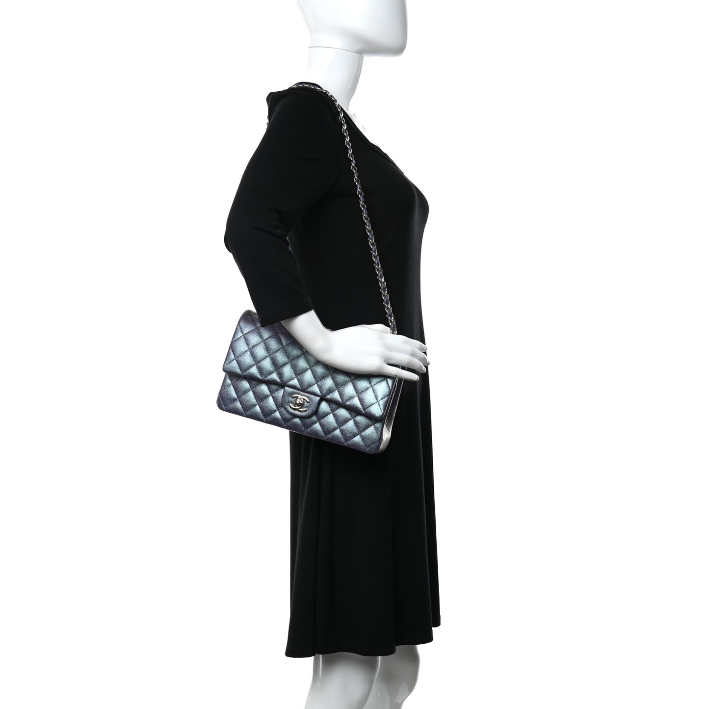 Iridescent Caviar Quilted Medium Double Flap Dark Blue