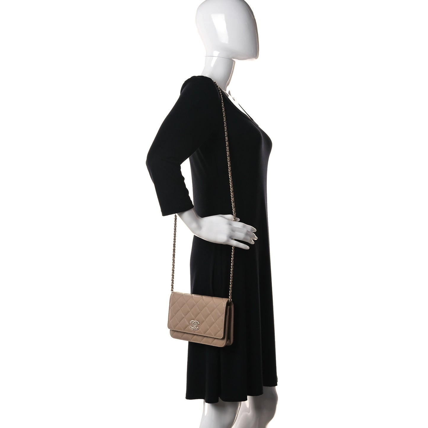 Caviar Quilted Crystal CC Wallet On Chain WOC Beige