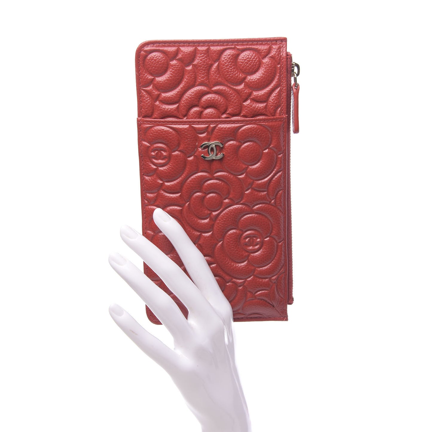 Caviar Camellia Embossed Classic Flat Wallet Pouch Red