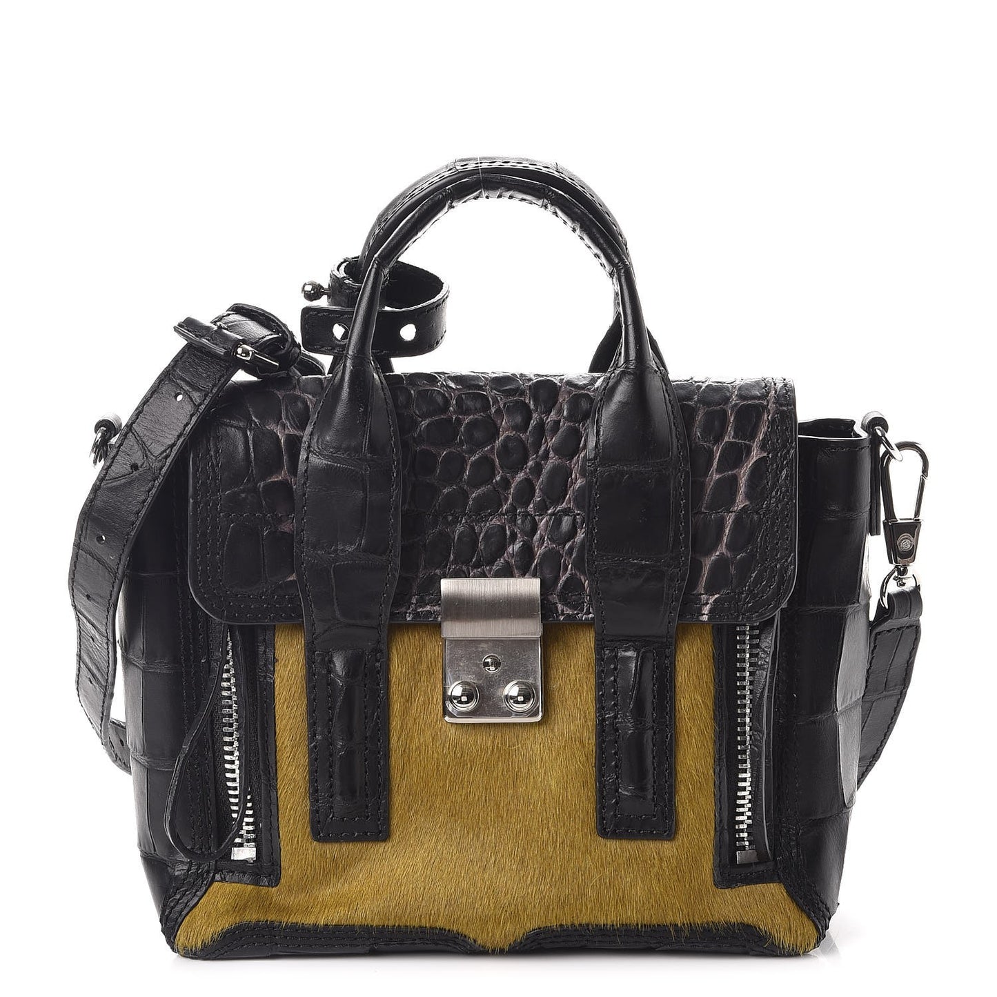3.1 Calf Hair Calfskin Crocodile Embossed Mini Pashli Satchel Antique Grey Olive