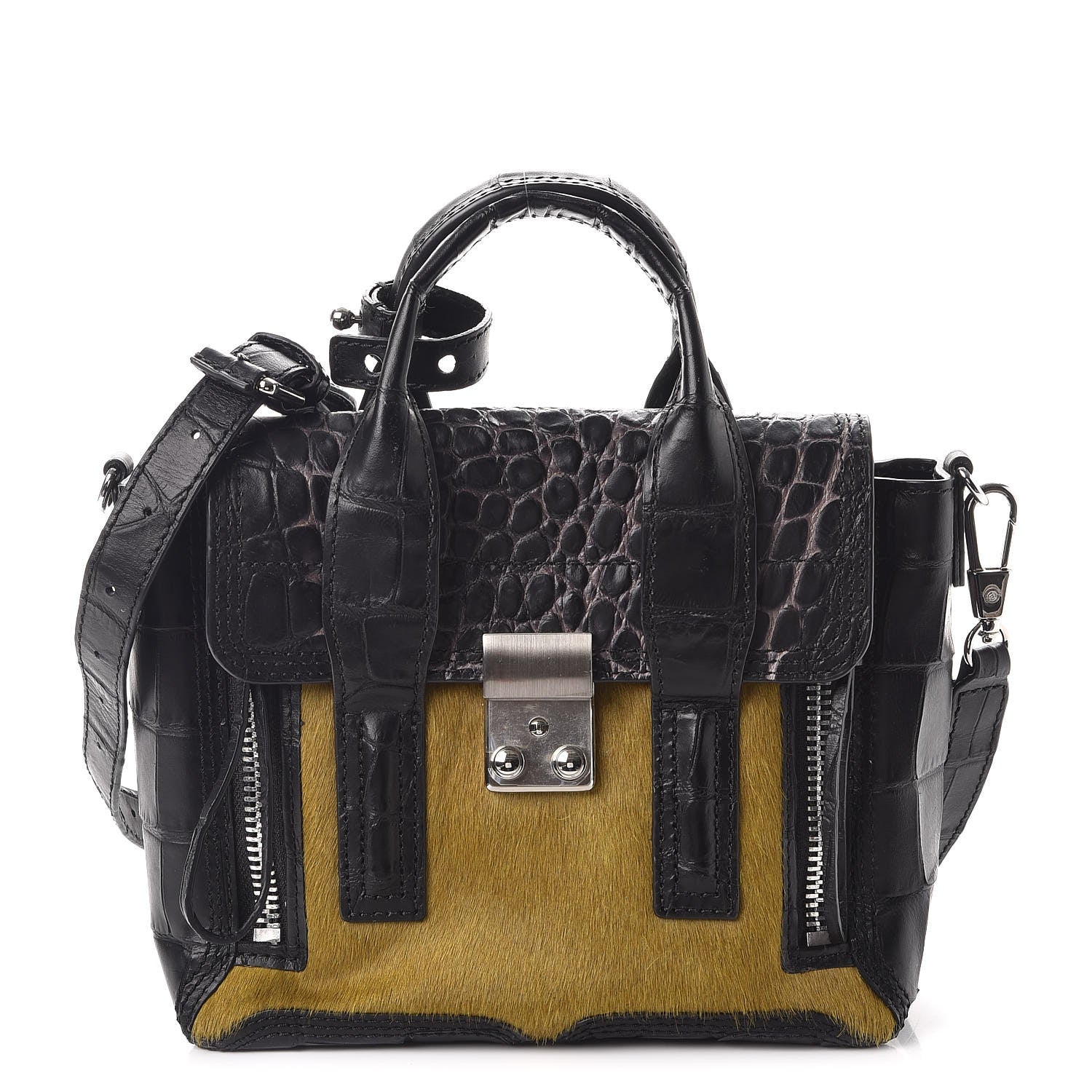 3.1 Phillip Lim 3.1 Calf Hair Calfskin Crocodile Embossed Mini Pashli Satchel Antique Grey Olive 1 of 10