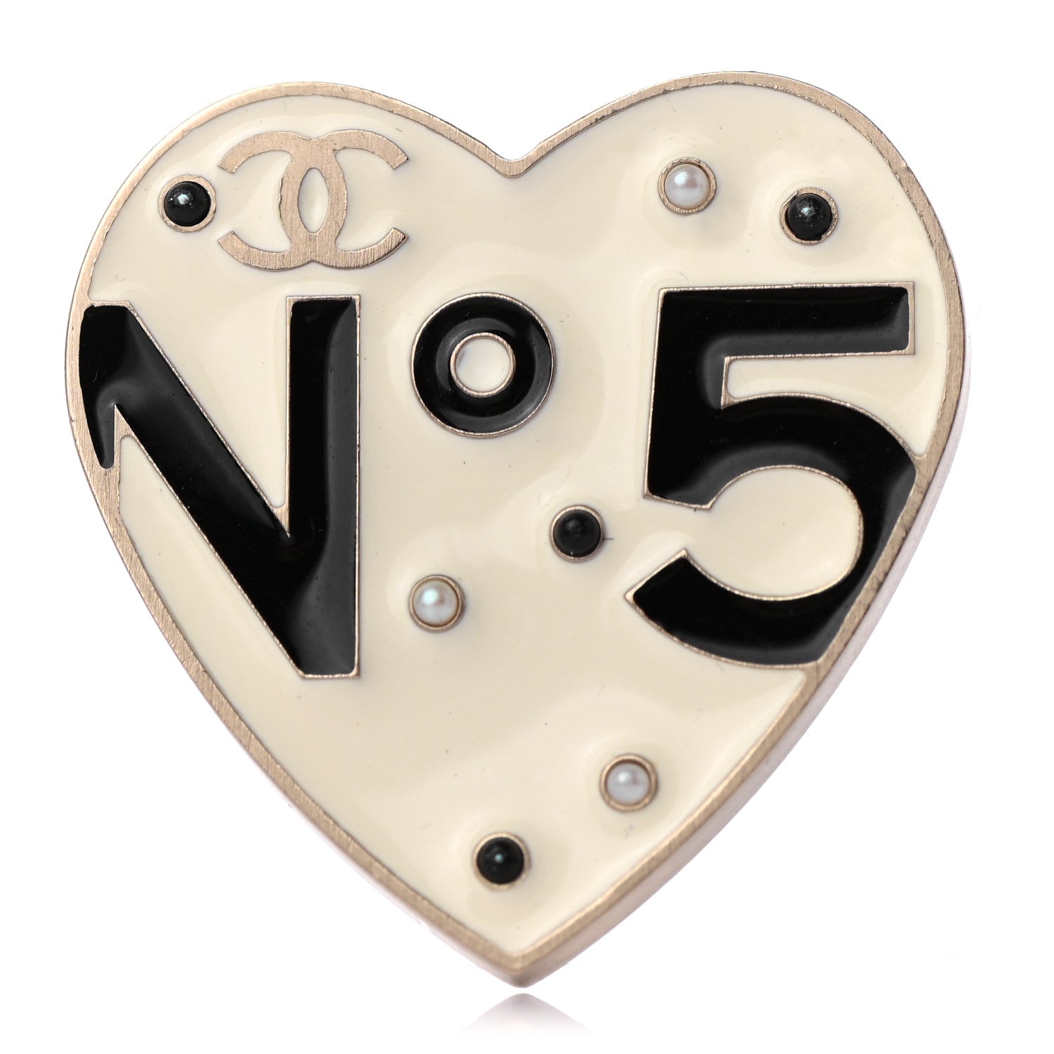 Chanel Resin Pearl CC Heart Brooch Ivory Black 1 of 4