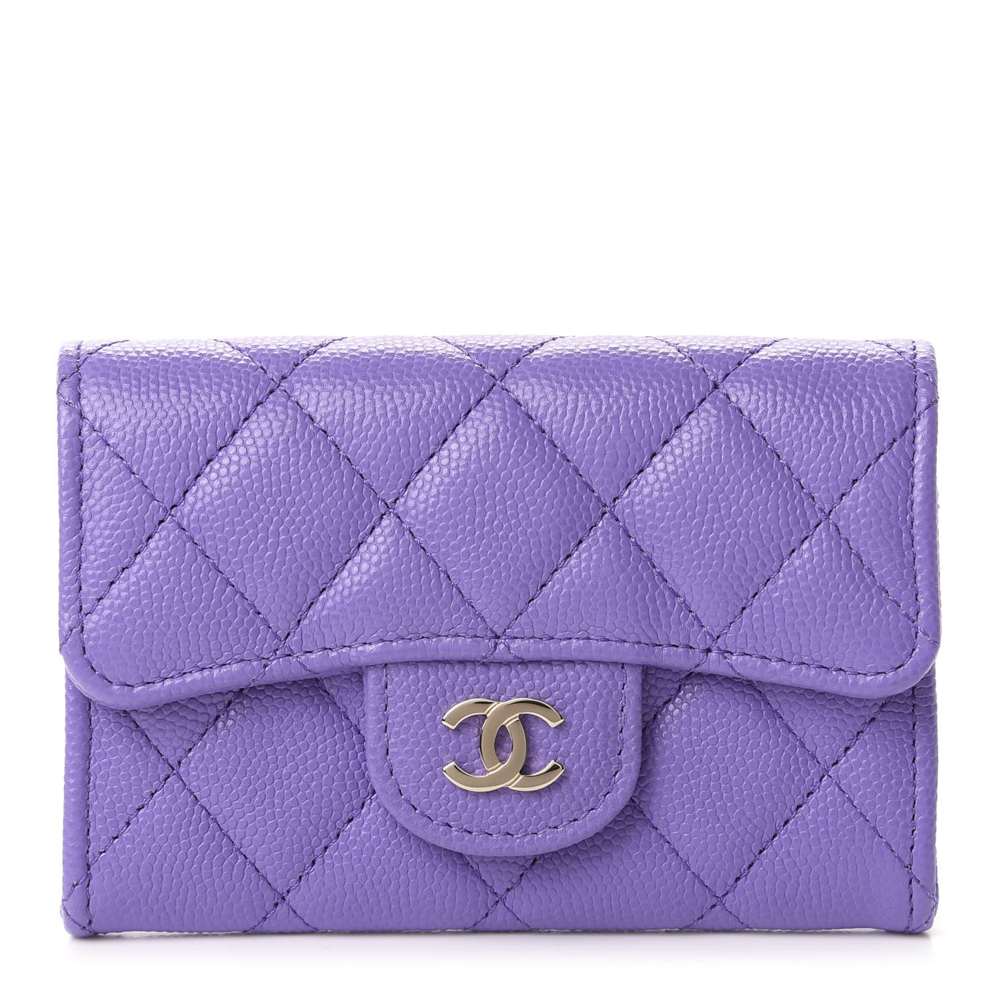 Caviar Quilted Flap Card Holder Wallet Purple