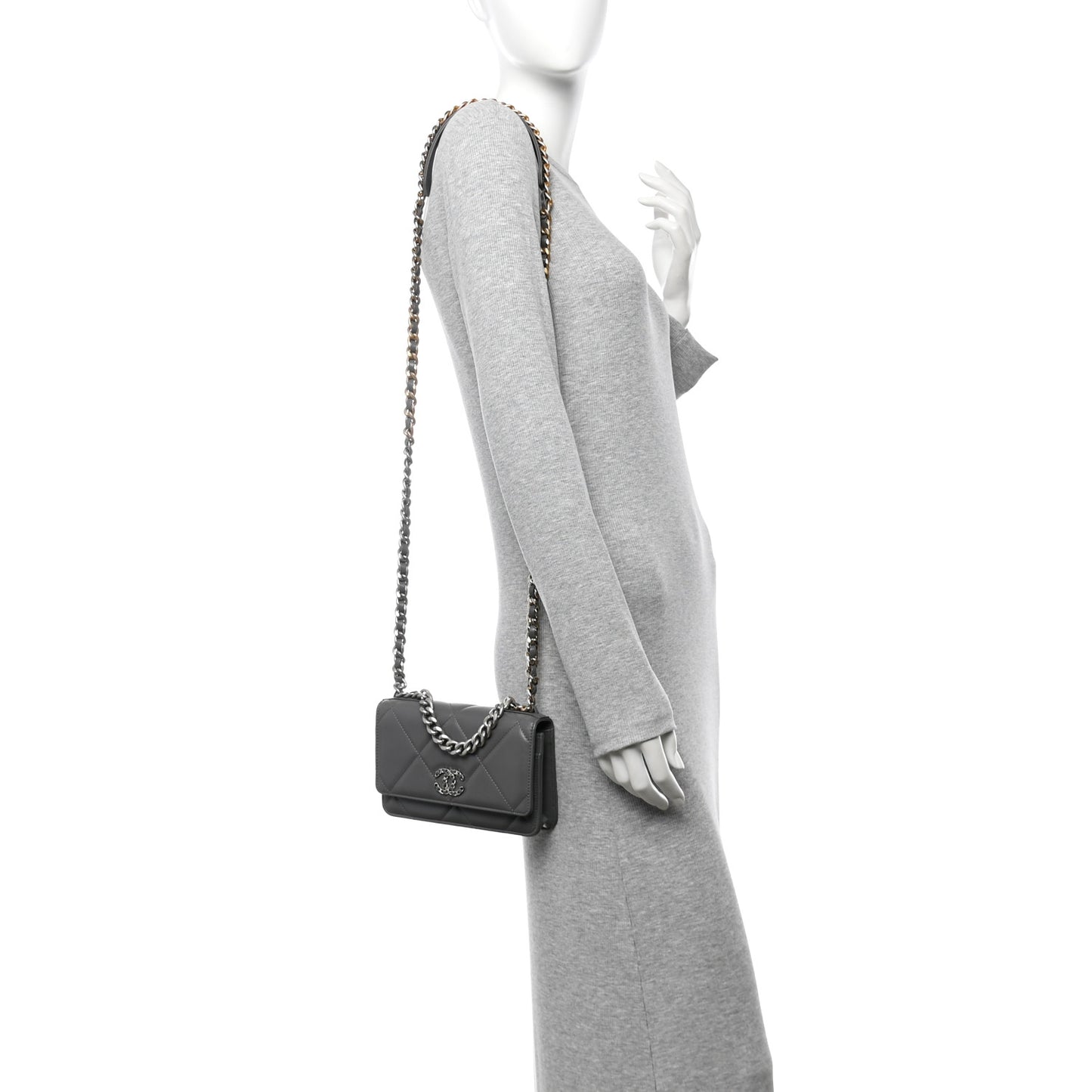 Lambskin Quilted Chanel 19 Wallet On Chain WOC Dark Grey