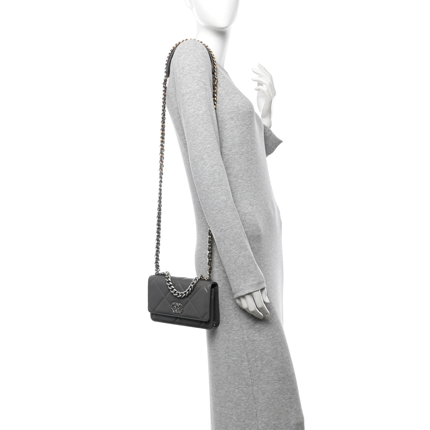 Chanel Lambskin Quilted Chanel 19 Wallet On Chain WOC Dark Grey 2 of 11