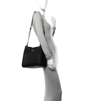 Prada Vitello Daino Soft Hobo Messenger Bag Black 2 of 13