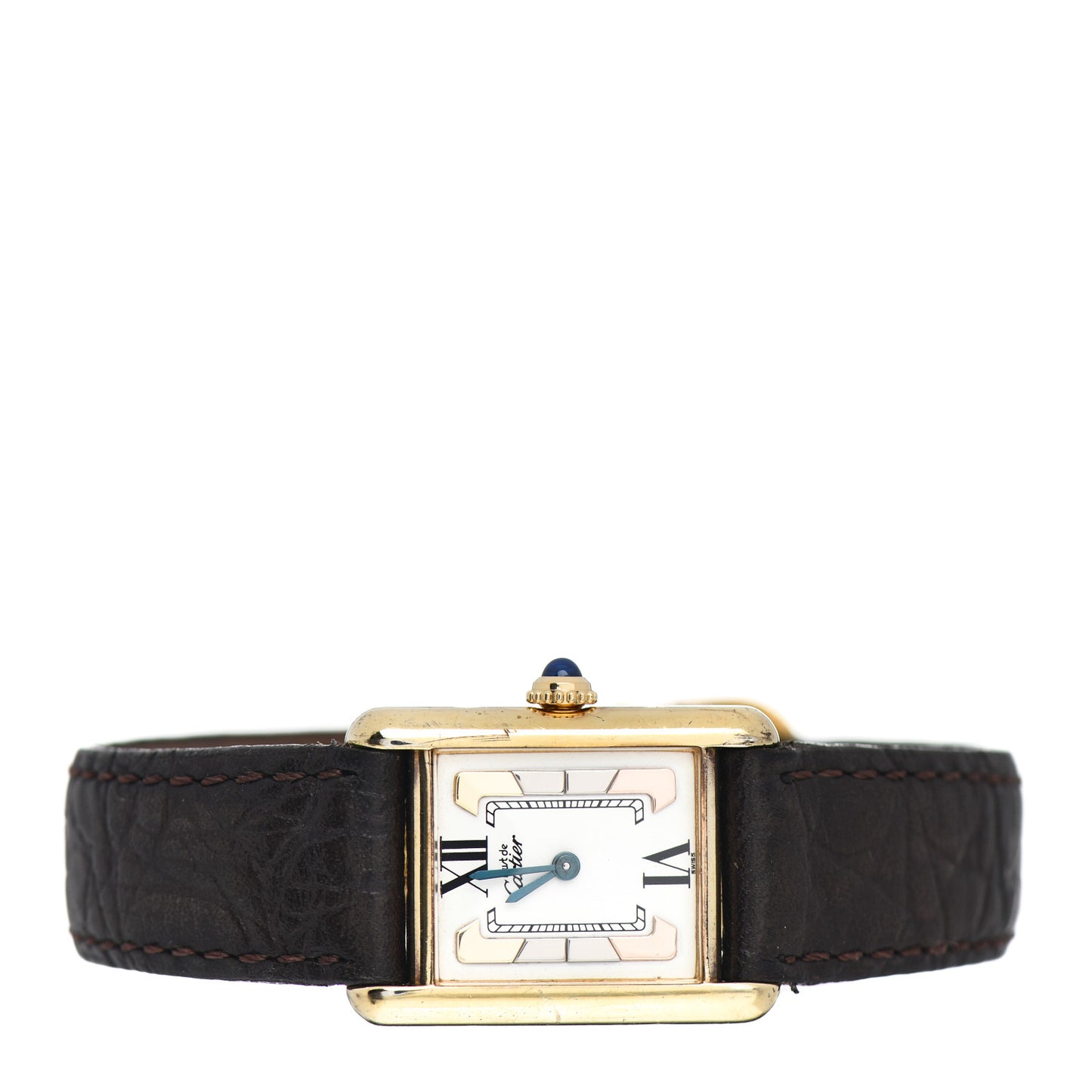 Sterling Silver Vermeil Alligator 20mm Must de Cartier Tank Quartz Watch Brown