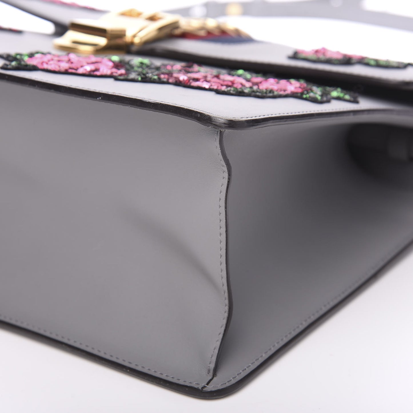 Calfskin Emboridered Medium Sylvie Top Handle Bag Deep Grey Multicolor