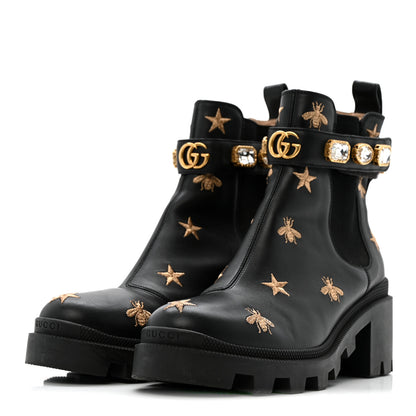 Gucci Calfskin Bee Star Embroidered Belt Ankle Boots 38 Black 4 of 12