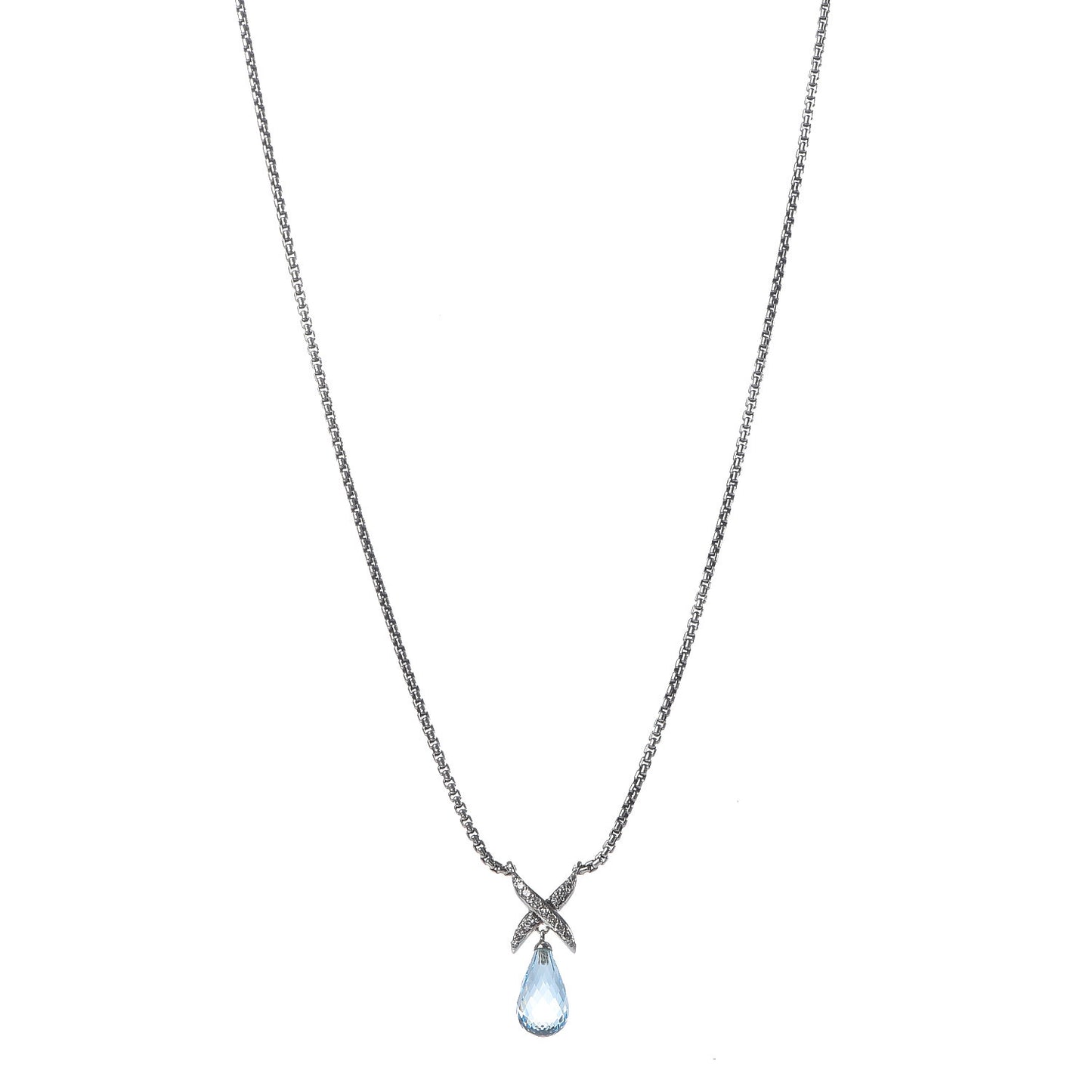 Sterling Silver Blue Topaz Diamond Briolette X Pendant Necklace