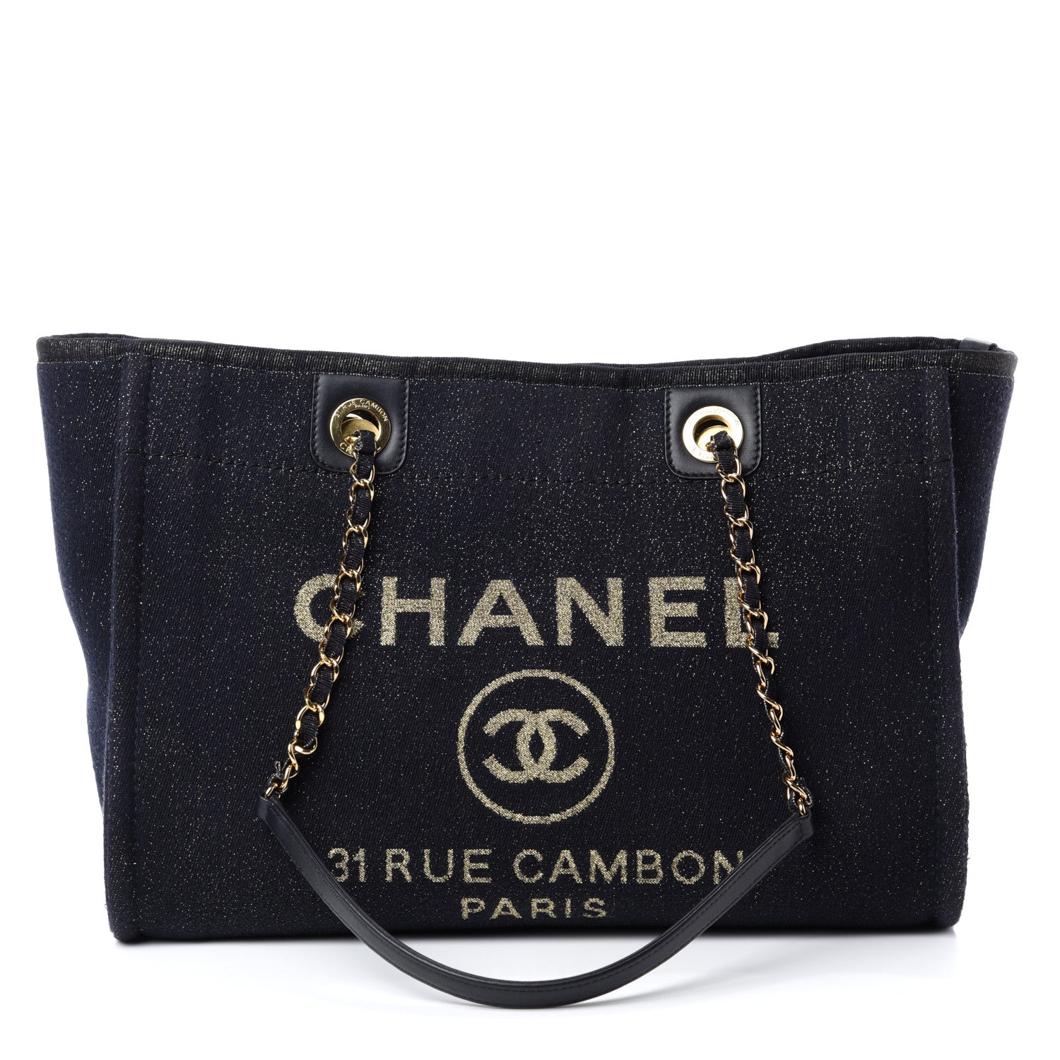 Chanel Lurex Canvas Small Deauville Tote Navy Blue Gold 1 of 11