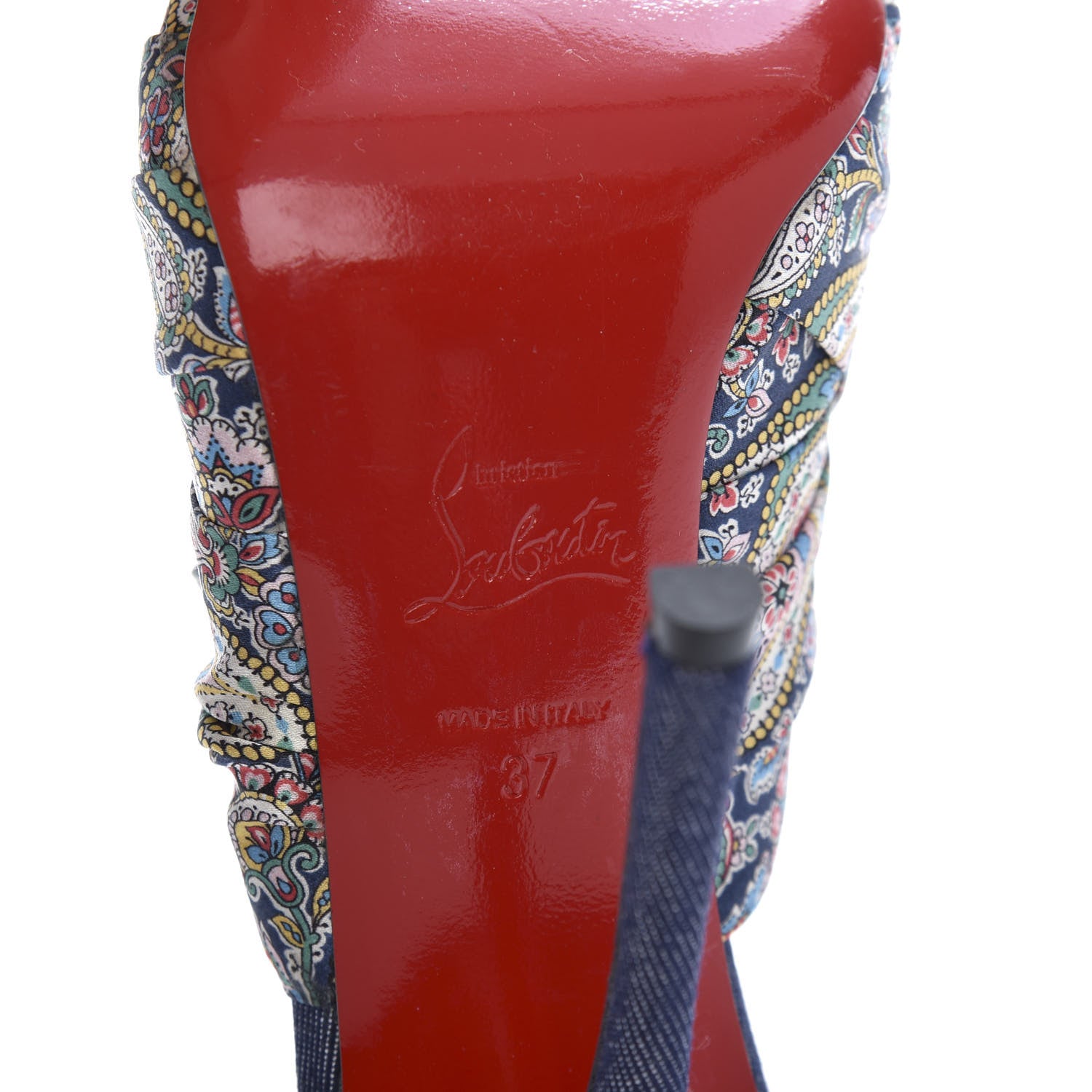 Christian Louboutin Satin Paisley Denim Moniquissima 120 Platform Slide Sandals 37 Positano Blue 8 of 10