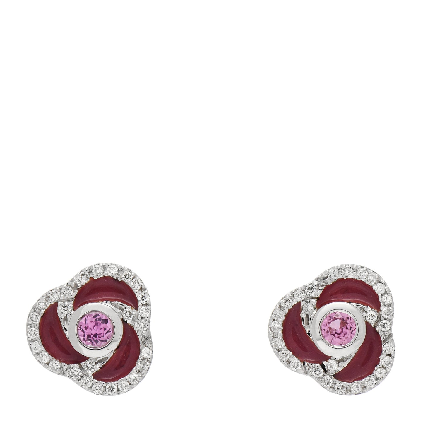 18K White Gold Diamond Pink Sapphire Enamel Flower Stud Earrings