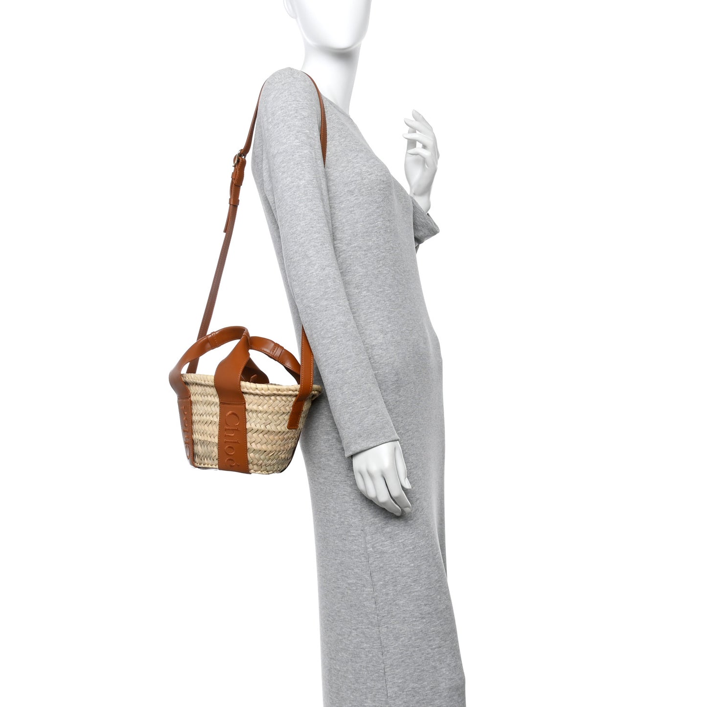 Raffia Smooth Calfskin Small Sense Basket Caramel