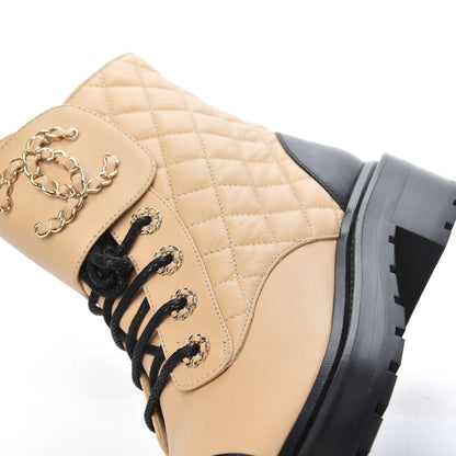 Chanel Lambskin Calfskin Quilted Lace Up Combat Boots 37 Beige Black 9 of 14
